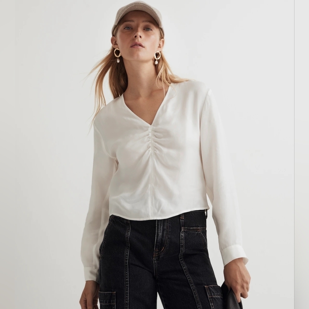 Madewell Brushed Ruched-Front V-neck Top Satin White Womens 00 NWT Office Casual